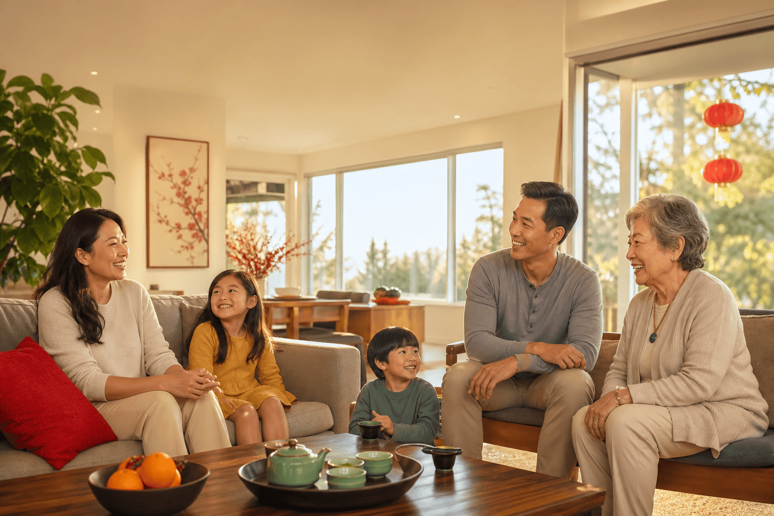 A warm Chinese American family at home, symbolizing protection and peace of mind